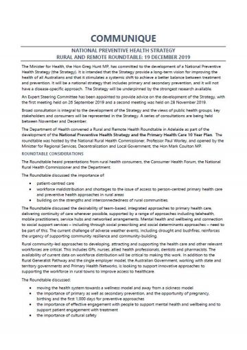 Cover image National Preventive Health Strategy Expert Steering Committee communique – Rural and remote roundtable, December 2019