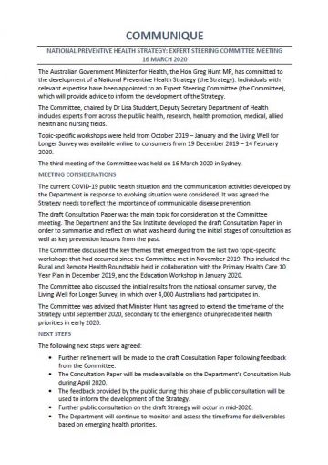 Cover image National Preventive Health Strategy Expert Steering Committee communique – March 2020