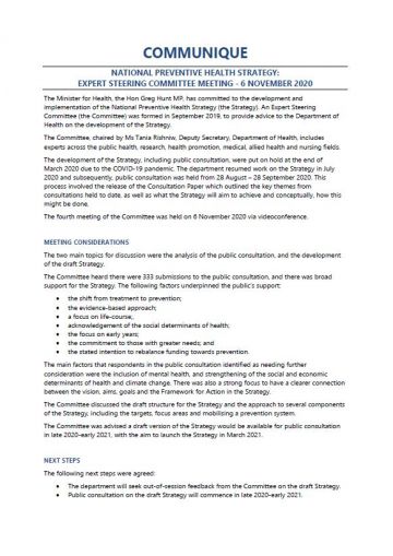 Cover image for National Preventive Health Strategy Expert Steering Committee communique – November 2020