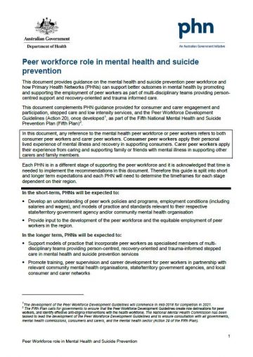 Cover image for Primary Health Networks (PHN) mental health care guidance – peer workforce role in mental health and suicide prevention