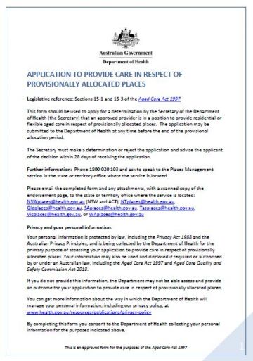 Application to Provide Care in Respect of Provisionally Allocated Places Form