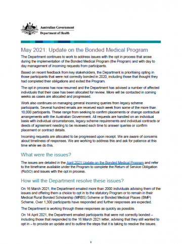 Cover image for the Bonded medical program fact sheet May 2021