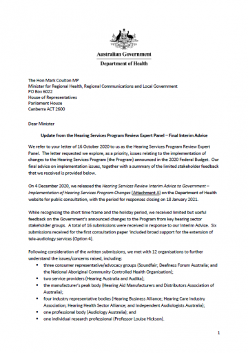cover page for the Hearing service program final interim advice to Government