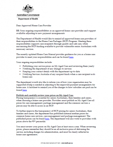 Cover image of the Letter for home care providers – May 2021