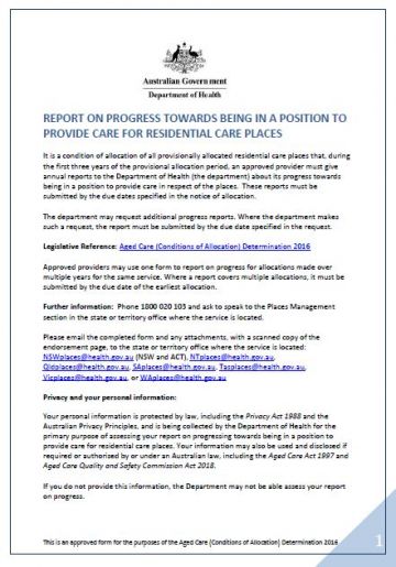 Report on Progress Towards Eligibility to Provide Care for Residential Care Places