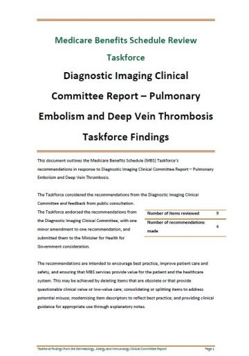 Cover image of Taskforce findings – Diagnostic Clinical Committee PE/DVT report