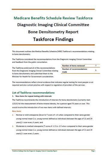 Cover image of Taskforce findings – Diagnostic Imaging Clinical Committee Bone Densitometry report