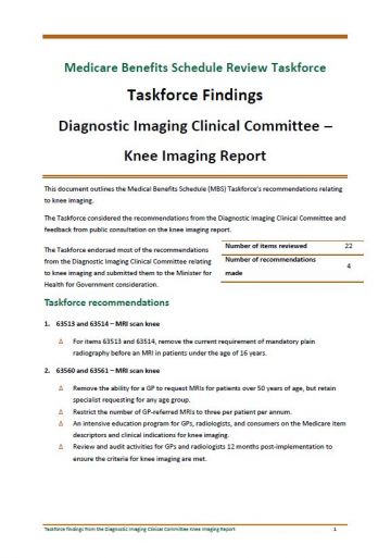 Cover image of Taskforce findings – Diagnostic Imaging Clinical Committee Knee Imaging report