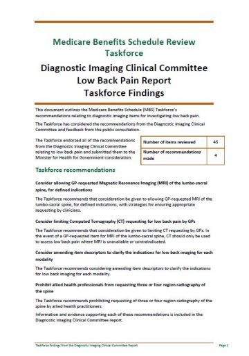 Cover image of Taskforce findings – Diagnostic Imaging Clinical Committee Low Back Pain report