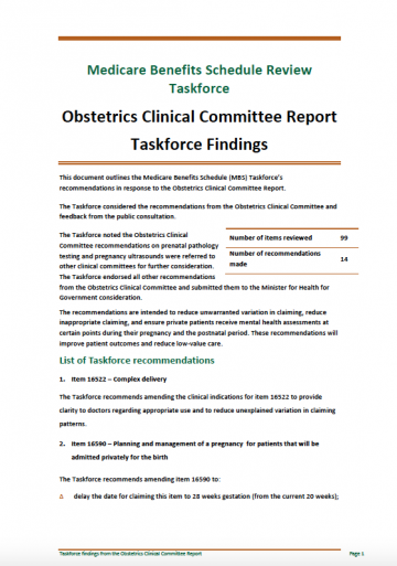 Cover image for Taskforce findings – Obstetrics Clinical Committee report
