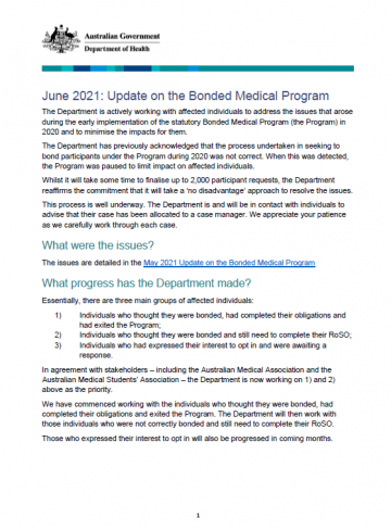 Bonded Medical Program update – June 2021