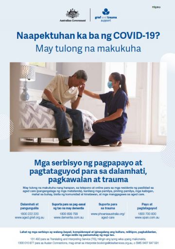 Coronavirus (COVID-19) – Mga serbisyo ng pagpapayo at pagtataguyod para sa dalamhati, pagkawalan at trauma (Grief and Trauma Support Services – Poster)