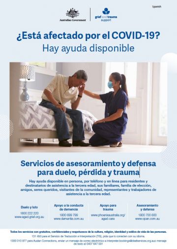 Coronavirus (COVID-19) – Servicios de asesoramiento y defensa para duelo, pérdida y trauma (Grief and Trauma Support Services – Poster)