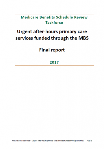 Cover image of final clinical committee report for Urgent After-hours Primary Care