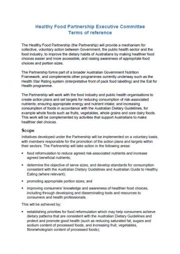 Cover image for Healthy Food Partnership Executive Committee terms of reference
