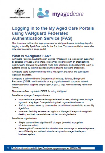 Cover image for the Logging in to the My Aged Care Portals using vanguard FAS