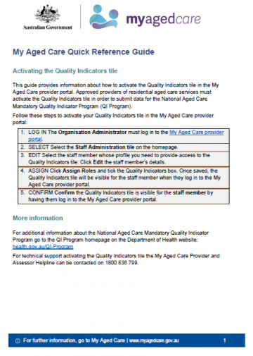 Cover image for the My Aged Care Quick Reference Guide – Activating the Quality Indicators tile