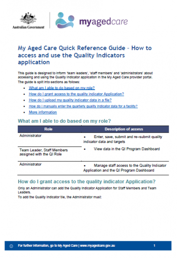 Cover image for the My Aged Care Quick Reference Guide – How to access and use the Quality Indicators application