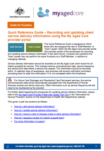 Cover image for the Quick Reference Guide – Recording and Updating Client Service Delivery Information