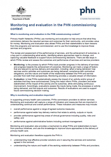 Cover image for Primary Health Networks (PHNs) – commissioning information sheet – monitoring and evaluation
