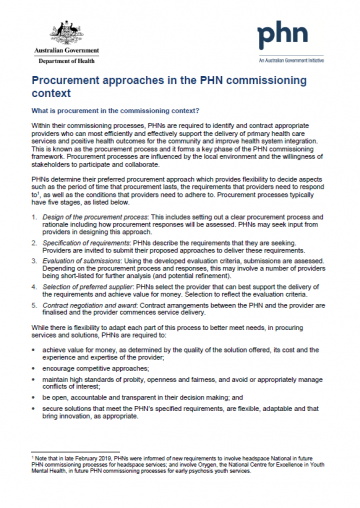 Cover image for Primary Health Networks (PHNs) – commissioning information sheet – procurement approaches