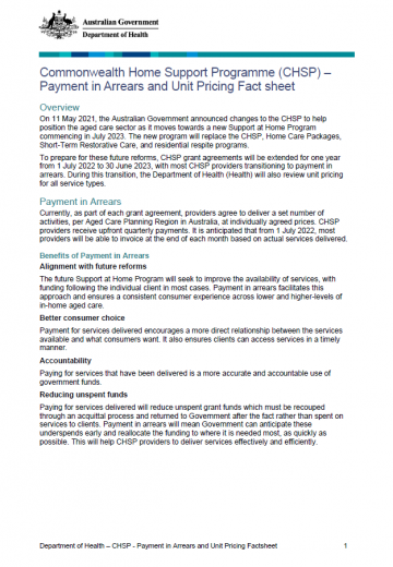 Commonwealth Home Support Programme - Payment in Arrears and Unit Pricing Factsheet