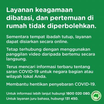 COVID-19 vaccination – Social – Layanan keagamaan dibatasi, dan pertemuan di rumah tidak diperbolehkan (Religious services during COVID-19 outbreaks)