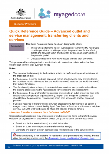 Cover page Quick Reference Guide – Advanced outlet and service management – transferring clients and services