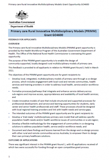 Primary care Rural Innovative Multidisciplinary Models (PRIMM) Grant GO4600