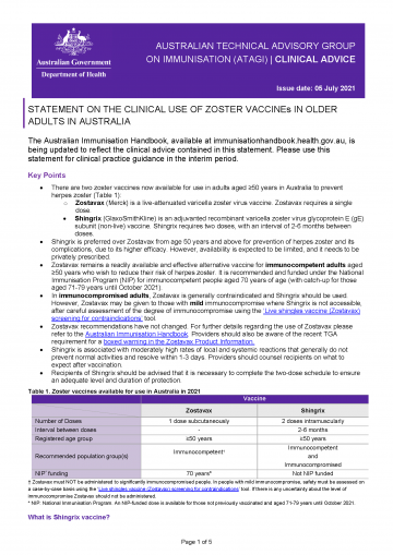 ATAGI Clinical Statement Shingrix