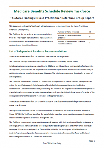 Taskforce findings – Nurse Practitioner Reference Group report