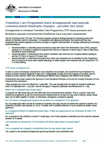 Transition Care Programme leave arrangements and episode commencement timeframe changes – provider fact sheet
