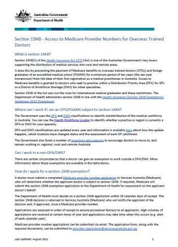 Section 19AB - Access to Medicare Provider Numbers for Overseas Trained Doctors