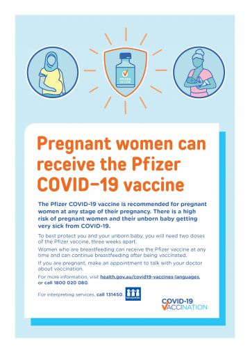 Covid 19 Vaccination Pregnant Women Can Receive The Pfizer Covid 19 Vaccine Other Languages Australian Government Department Of Health