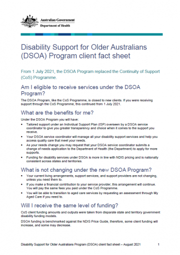 Disability Support for Older Australians Program (DSOA) client fact sheet