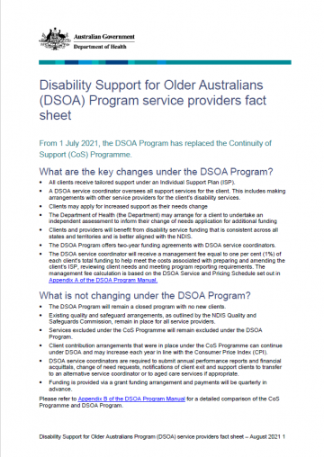 Disability Support for Older Australians Program (DSOA) service providers fact sheet