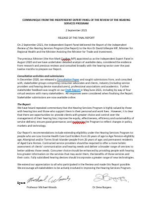 Cover image for the Expert Panel's Communique on release of the final report