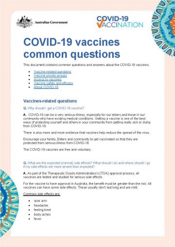 COVID-19 vaccination – Common questions (Aboriginal and Torres Strait Islander peoples)