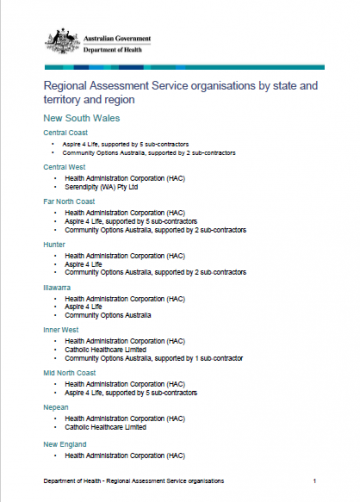Cover image for Regional Assessment Services organisations by state and territory and region
