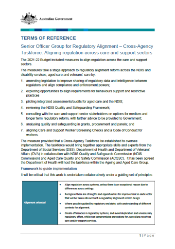 Senior Officer Group on Regulatory Alignment – terms of reference