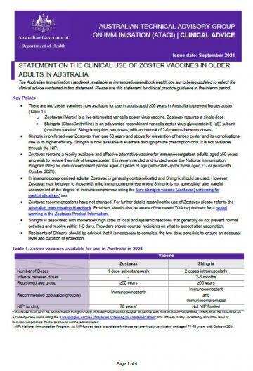 ATAGI Clinical Statement Shingrix
