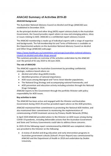 Cover from ANACAD Summary of Activities 2019-20