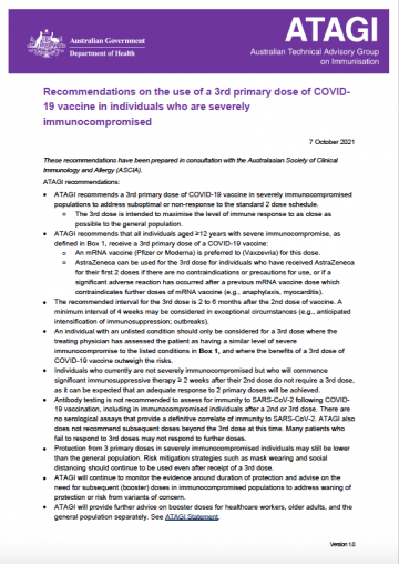 ATAGI recommendations on the use of a third primary dose of COVID-19 vaccine in individuals who are severely immunocompromised