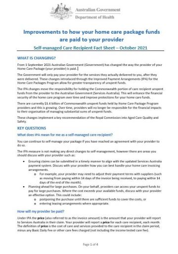 Improved payment arrangements for home care – Self-Managed Care Recipient Fact Sheet