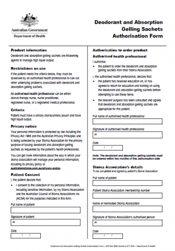 Cover image for Stoma Appliance Scheme - Deodorant and absorption gelling sachets authorisation form