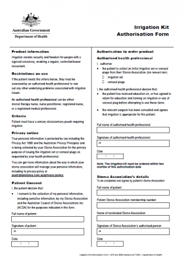 Cover image for Stoma Appliance Scheme - Irrigation kit authorisation form