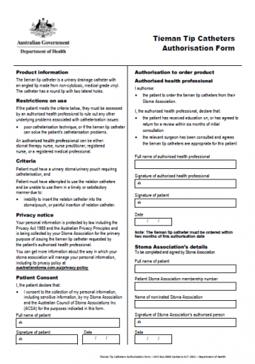 Cover image for Stoma Appliance Scheme - Tieman tip catheter authorisation form