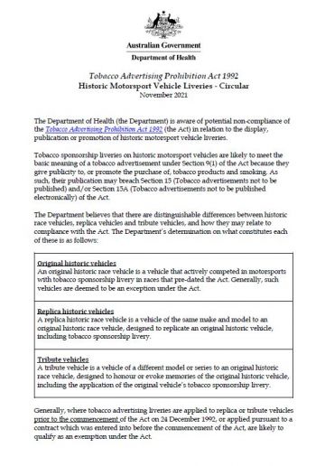 Circular for Historic Motorsport Vehicle Liveries - November 2021