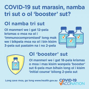 COVID-19 vaccination – Social – COVID-19 sut marasin namba tri sut o ol ‘booster’ sut? (Third doses or booster doses?)