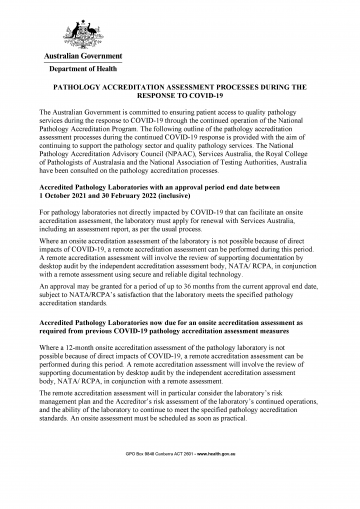 Cover pages from Pathology accreditation assessment processes during the response to COVID-19